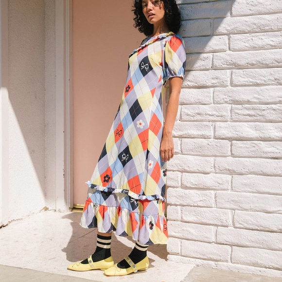 NWT Lisa Says Gah Teagan Ruffle Dress Cirque Argyle Plaid Flower Bow Size Small - Picture 5 of 7